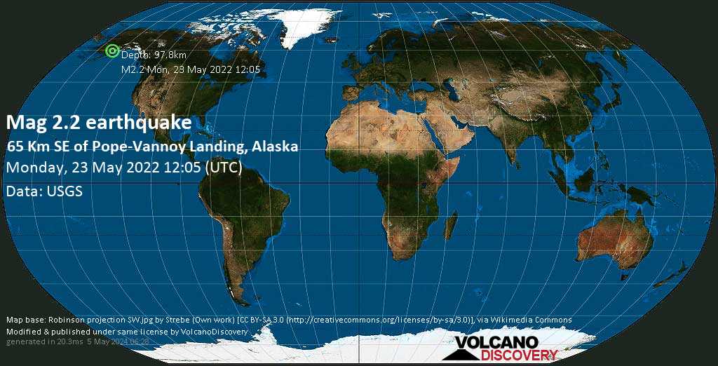 Sehr schwaches Beben Stärke 2.2 - 65 Km SE of Pope-Vannoy Landing, Alaska, am Montag, 23. Mai 2022 um 04:05 Lokalzeit