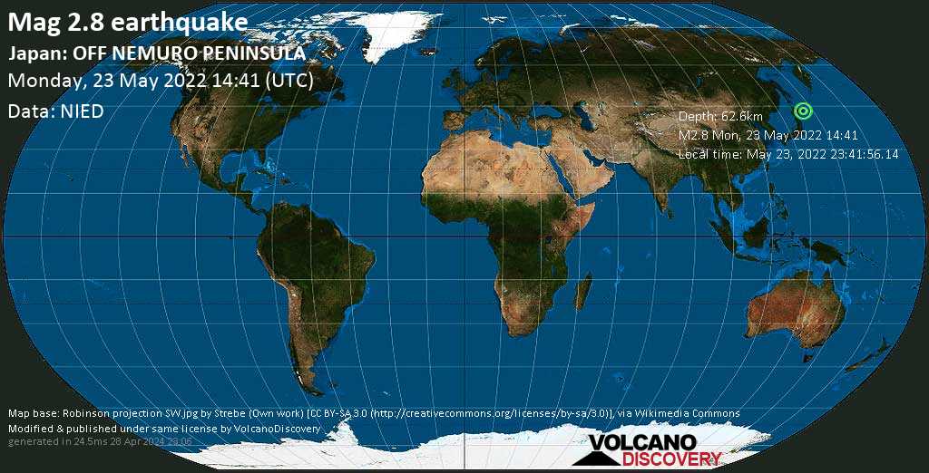 Minor mag. 2.8 earthquake - 54 km east of Kushiro, Hokkaido, Japan, on Monday, May 23, 2022 at 11:41 pm (GMT +9)