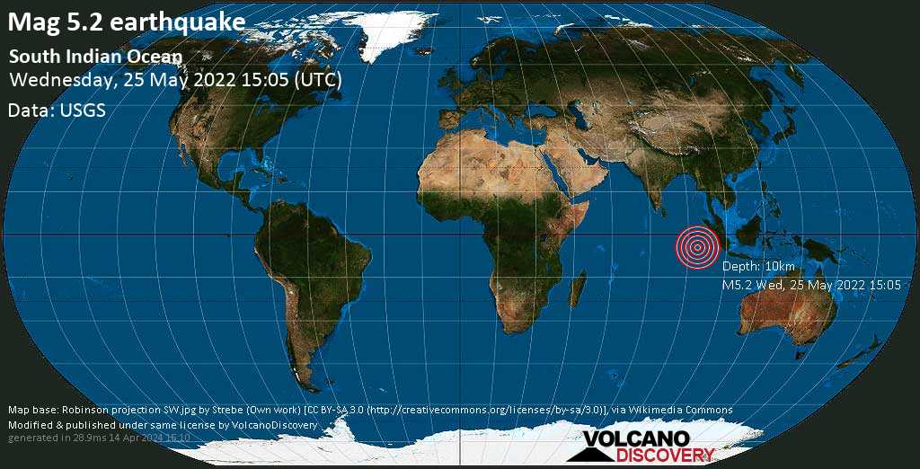 Strong mag. 5.2 earthquake - Indian Ocean on Wednesday, May 25, 2022 at 9:05 pm (GMT +6)