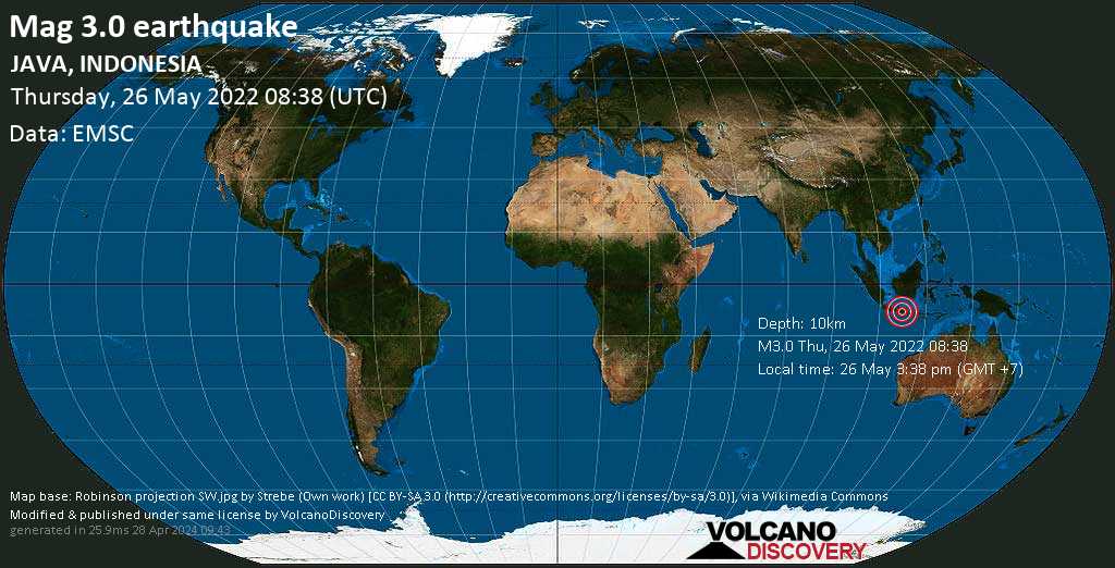 Sismo leggero mag. 3.0 - 10.9 km a est da Ponorogo, Giava Orientale, Indonesia, giovedì, 26 mag 2022 15:38 (GMT +7)