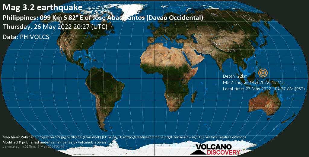 Weak mag. 3.2 earthquake - Philippine Sea, 130 km south of Mati, Province of Davao Oriental, Philippines, on Friday, May 27, 2022 at 4:27 am (GMT +8)
