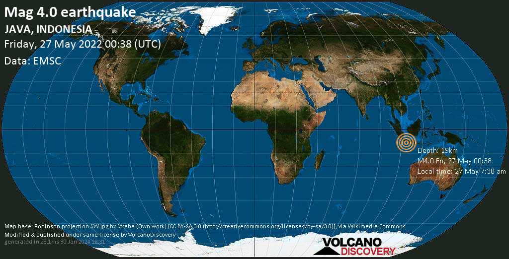 Terremoto leve mag. 4.0 - Indian Ocean, 98 km SSW of Tasikmalaya, West Java, Indonesia, viernes, 27 may 2022 07:38 (GMT +7)