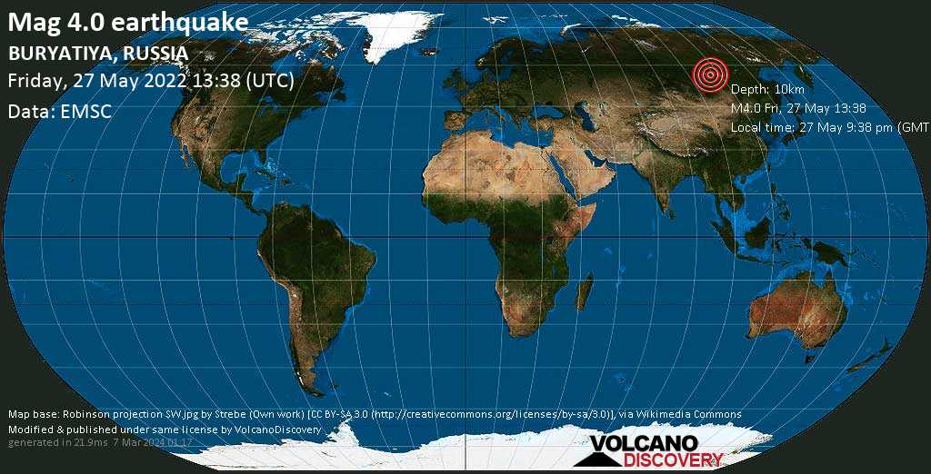 Séisme modéré mag. 4.0 - 62 km au sud-ouest de Taksimo, Maysky District, République de Bouriatie, Russie, vendredi, 27 mai 2022 21:38 (GMT +8)