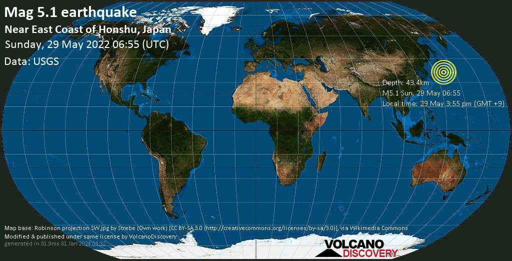 Séisme modéré mag. 5.1 - Océan Pacifique Nord, 48 km à l\'est de Mito, Préfecture dIbaraki, Japon, dimanche, 29 mai 2022 15:55 (GMT +9)
