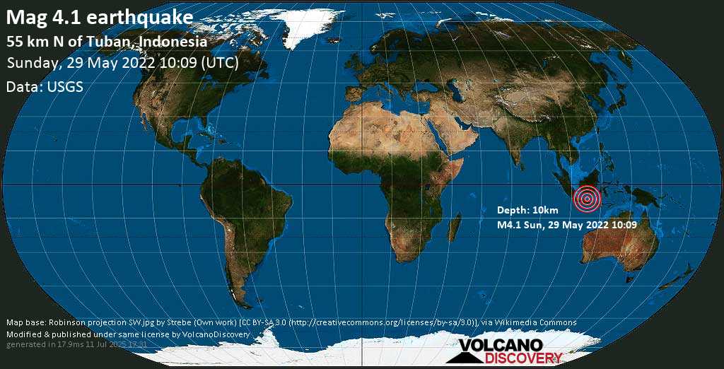 Moderate mag. 4.1 earthquake - Java Sea, 55 km north of Tuban, East Java, Indonesia, on Sunday, May 29, 2022 at 5:09 pm (GMT +7)