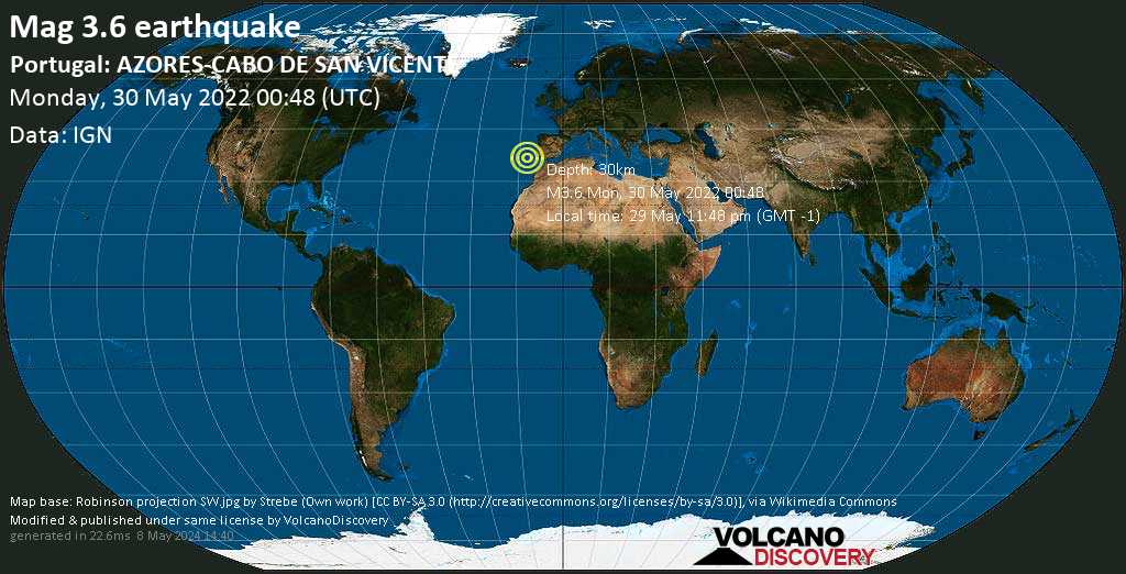 Light mag. 3.6 earthquake - North Atlantic Ocean, Portugal, on Sunday, May 29, 2022 at 11:48 pm (GMT -1)