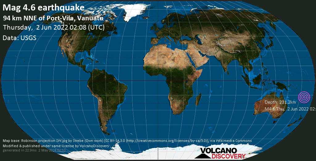 Sismo leggero mag. 4.6 - Coral Sea, 95 km a nord est da Port Vila, Shefa Province, Vanuatu, giovedì,  2 giu 2022 13:08 (GMT +11)