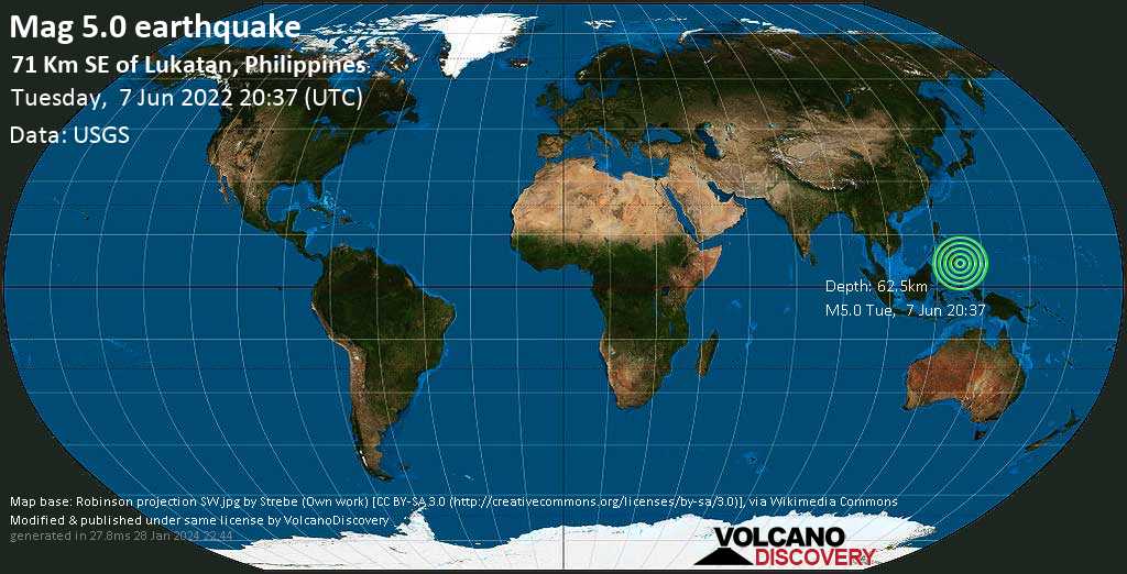 Terremoto moderato mag. 5.0 - Philippine Sea, 88 km a sud-est da Mati, Province of Davao Oriental, Filippine, mercoledì,  8 giu 2022 04:37 (GMT +8)