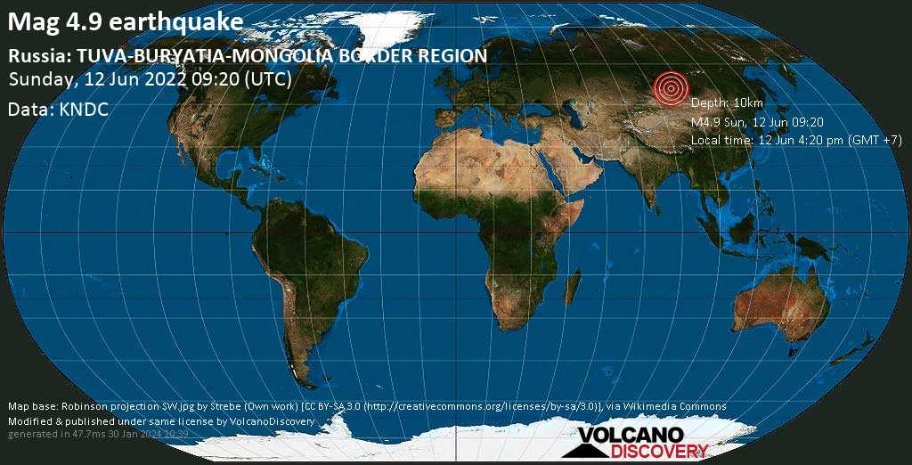 Terremoto moderado mag. 4.9 - Russia: TUVA-BURYATIA-MONGOLIA BORDER REGION, domingo, 12 jun 2022 16:20 (GMT +7)