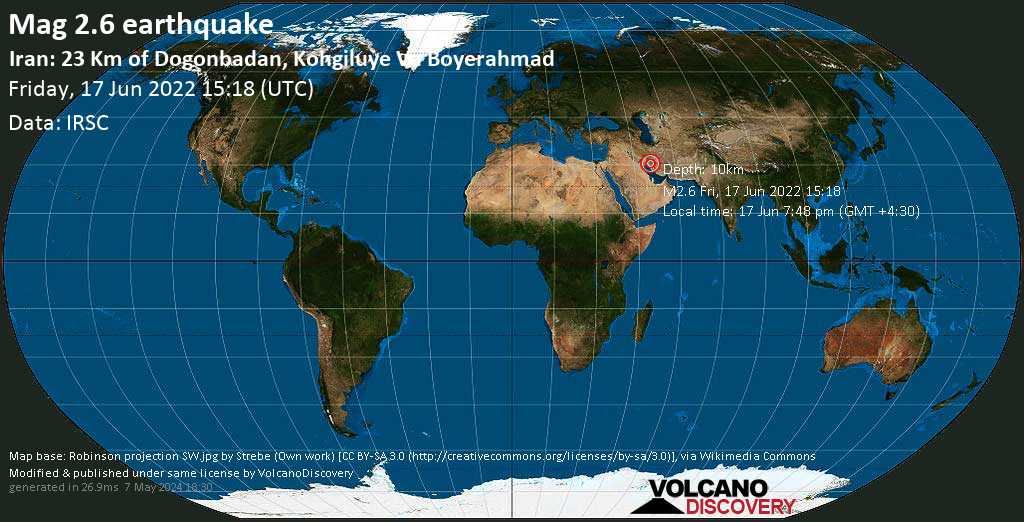 Séisme très faible mag. 2.6 - 23 km au sud de Dogonbadan, Kohgiluyeh and Boyer-Ahmad, Iran, vendredi, 17 juin 2022 19:48 (GMT +4:30)