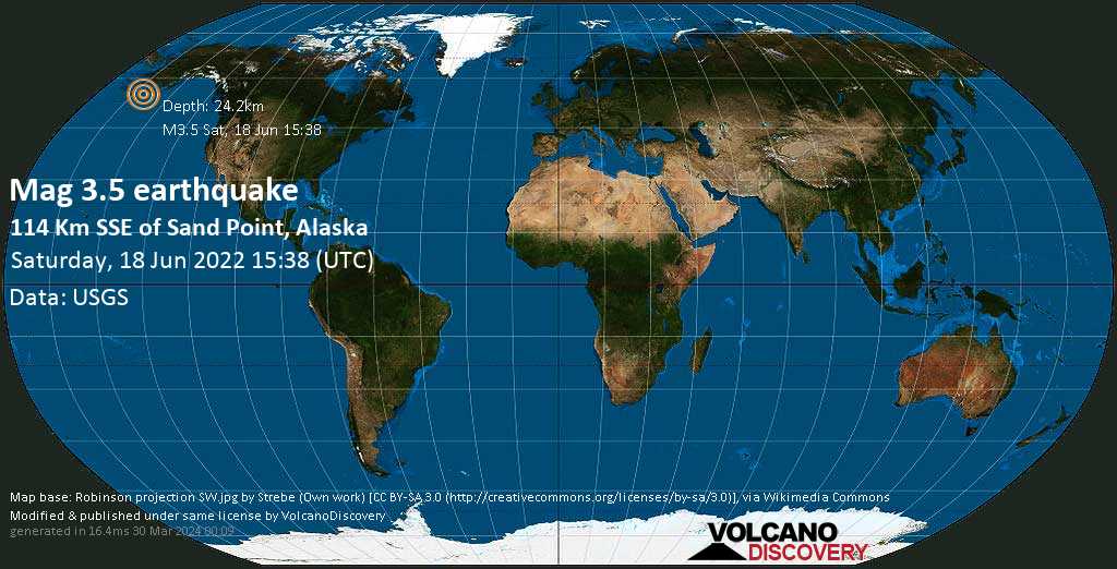 Séisme faible mag. 3.5 - 114 km au sud-est de Sand Point, Arrondissement d\'Aleutians East, Alaska, États-Unis, samedi, 18 juin 2022 04:38 (GMT -11)