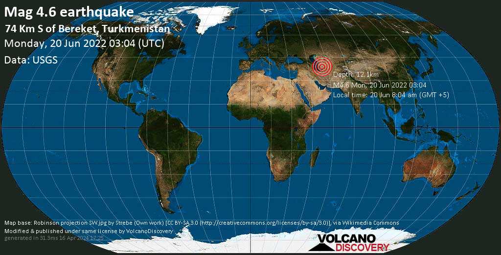 Moderate mag. 4.6 earthquake - 74 km south of Bereket, Provincia de Balkan, Turkmenistan, on Monday, Jun 20, 2022 at 8:04 am (GMT +5)