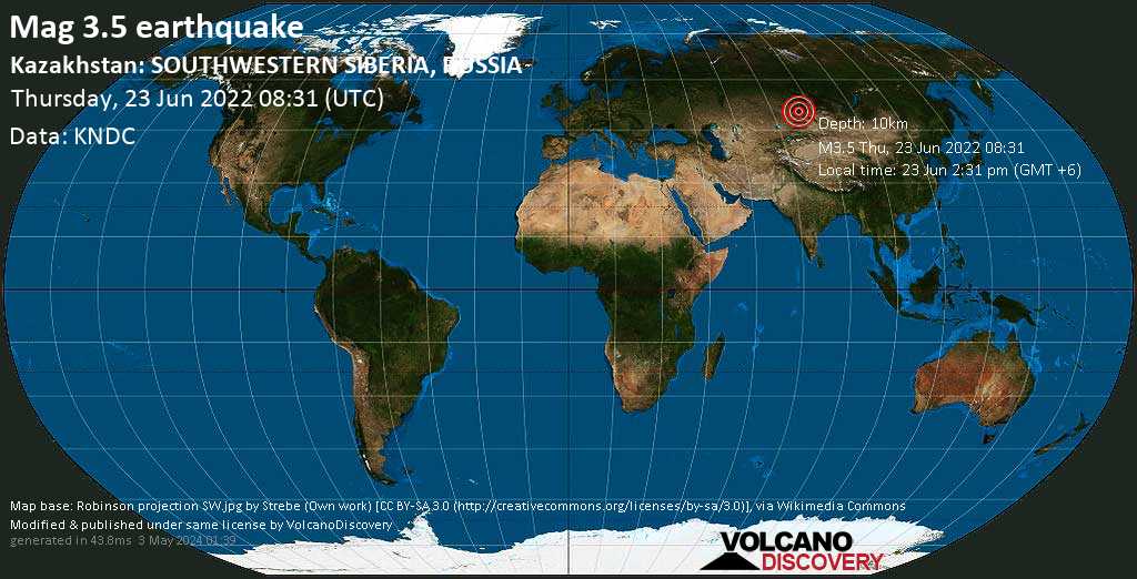 Light mag. 3.5 earthquake - 41 km northwest of Zyryanovsk, East Kazakhstan, on Thursday, Jun 23, 2022 at 2:31 pm (GMT +6)