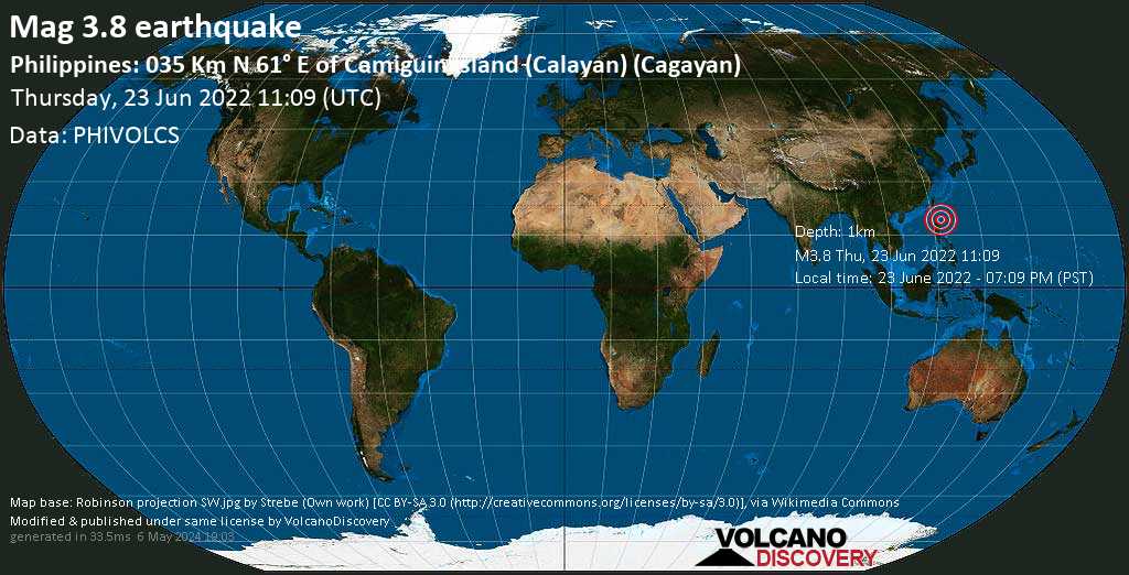 Moderate mag. 3.8 earthquake - South China Sea, 95 km northeast of Aparri, Cagayan, Philippines, on Thursday, Jun 23, 2022 at 7:09 pm (GMT +8)