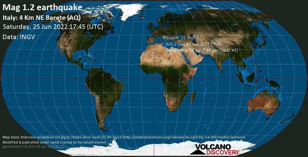 Minor mag. 1.2 earthquake - Italy: 4 Km NE Barete (AQ) on Saturday, Jun 25, 2022 at 7:45 pm (GMT +2)