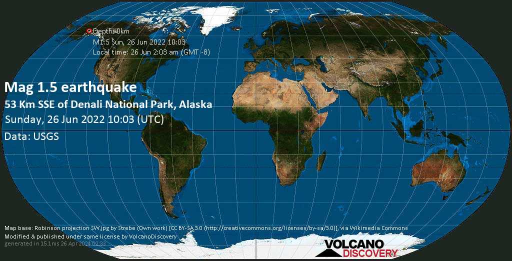 Minor mag. 1.5 earthquake - 53 Km SSE of Denali National Park, Alaska, on Sunday, Jun 26, 2022 at 2:03 am (GMT -8)