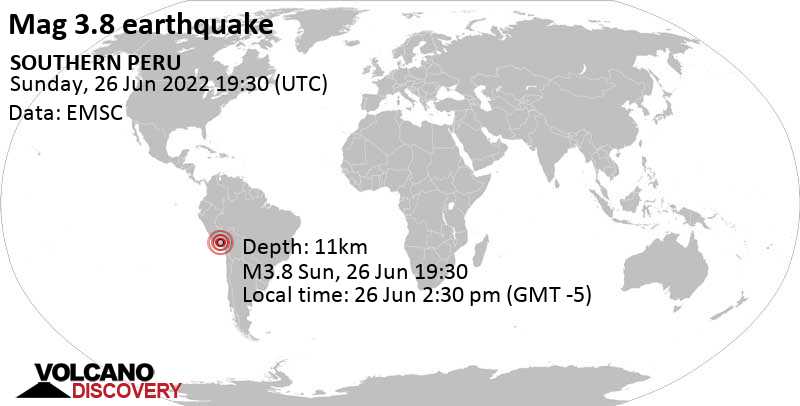 Light mag. 3.8 earthquake - 93 km northwest of Arequipa, Peru, on Sunday, Jun 26, 2022 at 2:30 pm (GMT -5)