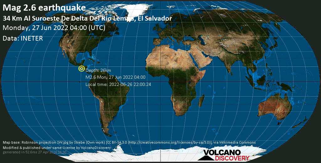 Слабое землетрясение маг. 2.6 - North Pacific Ocean, 81 km к югу от Сан-Сальвадор, Сальвадор, Воскресенье, 26 июн 2022 22:00 (GMT -6)