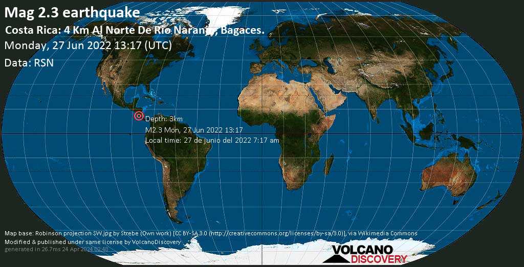 Weak mag. 2.3 earthquake - 37 km east of Liberia, Provincia de Guanacaste, Costa Rica, on Monday, Jun 27, 2022 at 7:17 am (GMT -6)
