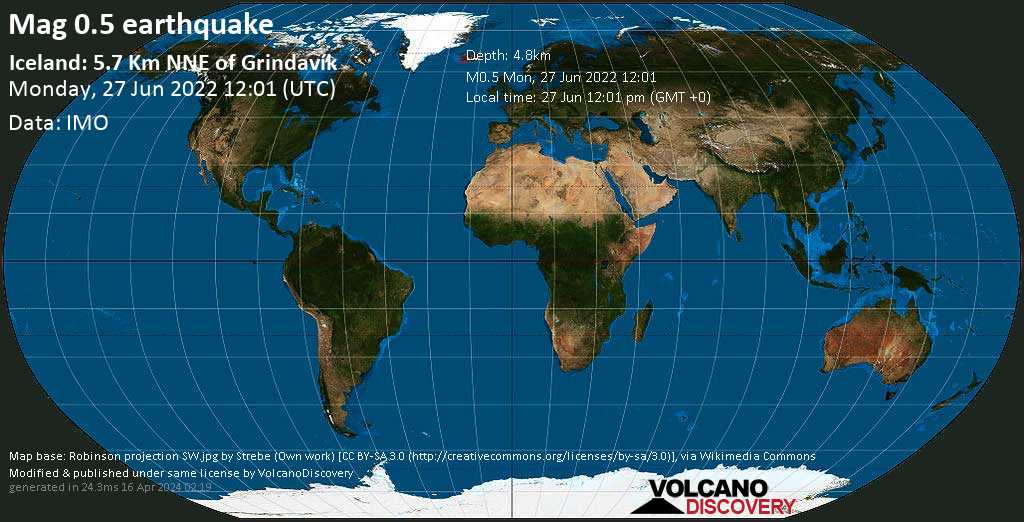 Незначительное землетрясение маг. 0.5 - Iceland: 5.7 Km NNE of Grindavík, Понедельник, 27 июн 2022 12:01 (GMT +0)