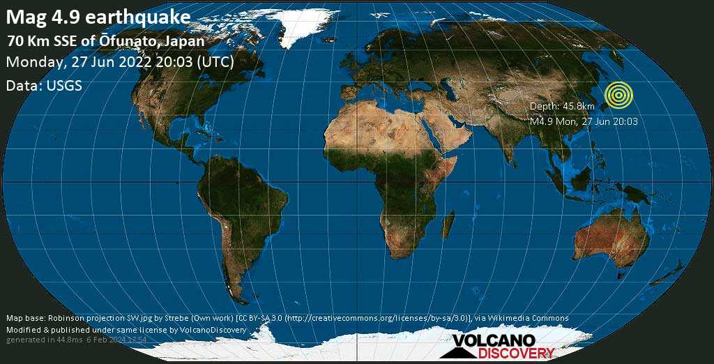 Séisme modéré mag. 4.9 - Océan Pacifique Nord, 76 km à l\'est de Ishinomaki, Japon, mardi, 28 juin 2022 05:03 (GMT +9)