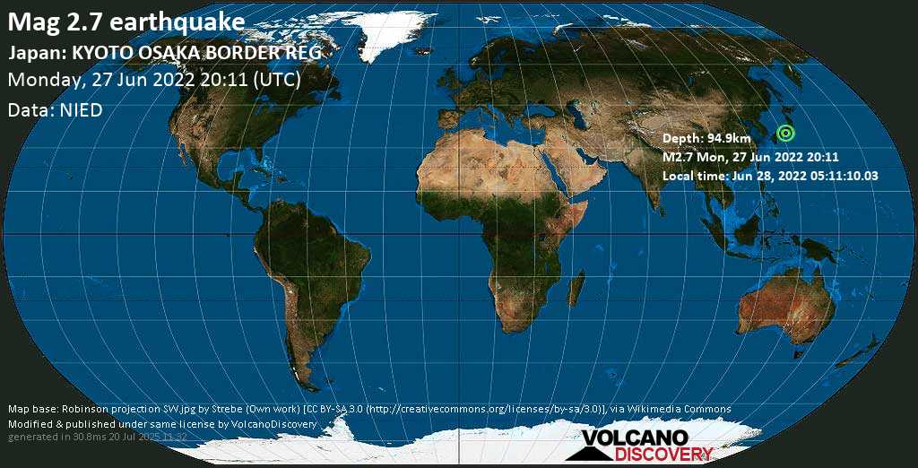 Minor mag. 2.7 earthquake - Kyoto, 8.2 km south of Ōtsu, Shiga, Japan, on Tuesday, Jun 28, 2022 at 5:11 am (GMT +9)