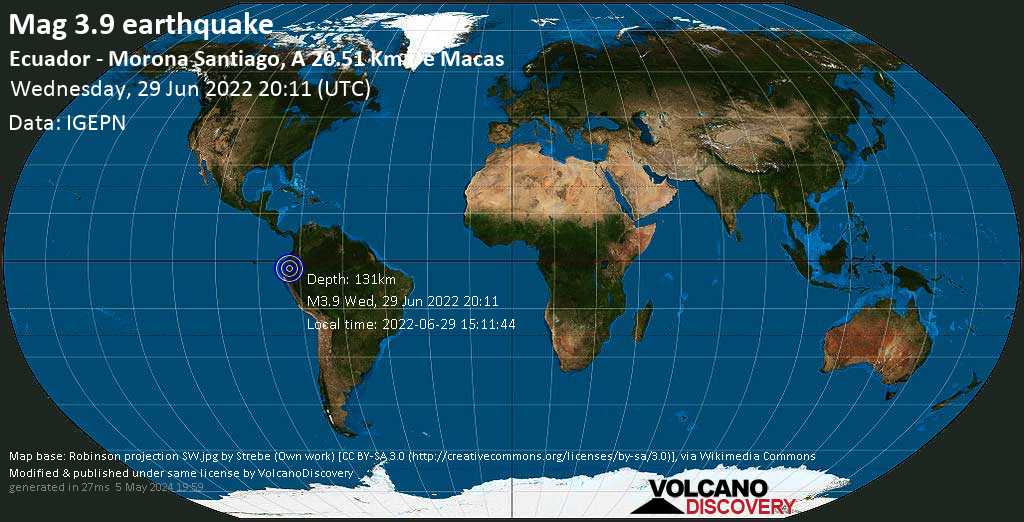 Séisme très faible mag. 3.9 - 21 km à l\'ouest de Macas, Équateur, mercredi, 29 juin 2022 15:11 (GMT -5)