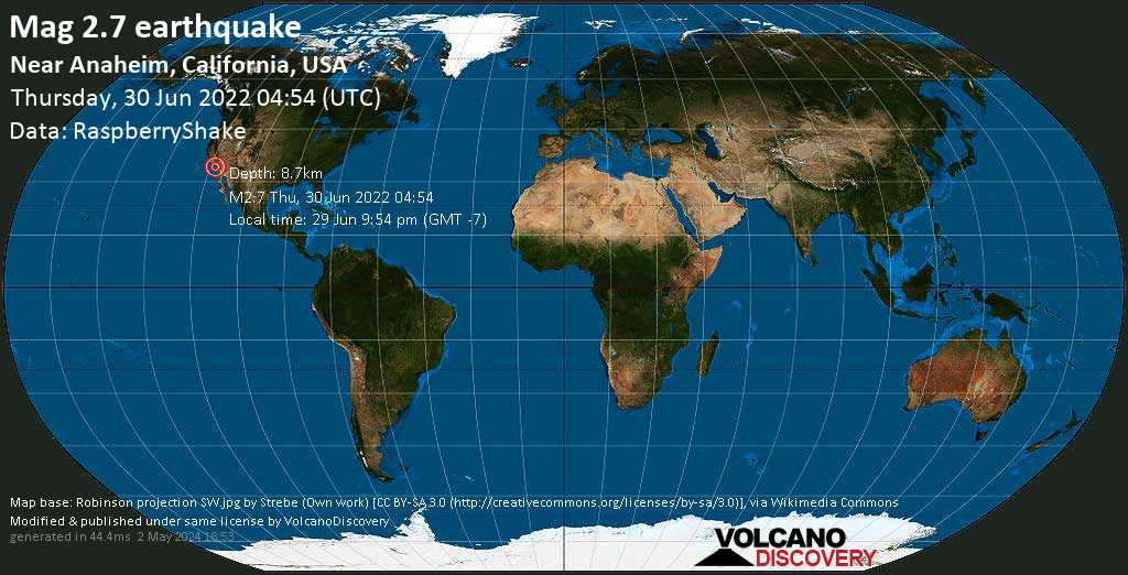 Weak mag. 2.7 earthquake - 2.1 mi west of Corona, Riverside County, California, USA, on Wednesday, Jun 29, 2022 at 9:54 pm (GMT -7)