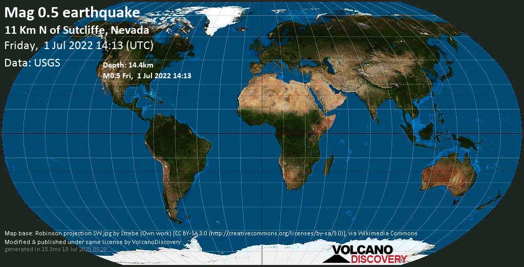 Minor mag. 0.5 earthquake - 11 Km N of Sutcliffe, Nevada, on Friday, Jul 1, 2022 at 7:13 am (GMT -7)