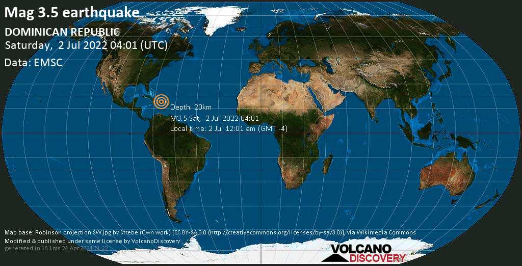 Light mag. 3.5 earthquake - 20 km southeast of Nagua, Provincia Maria Trinidad Sanchez, Dominican Republic, on Saturday, Jul 2, 2022 at 12:01 am (GMT -4)