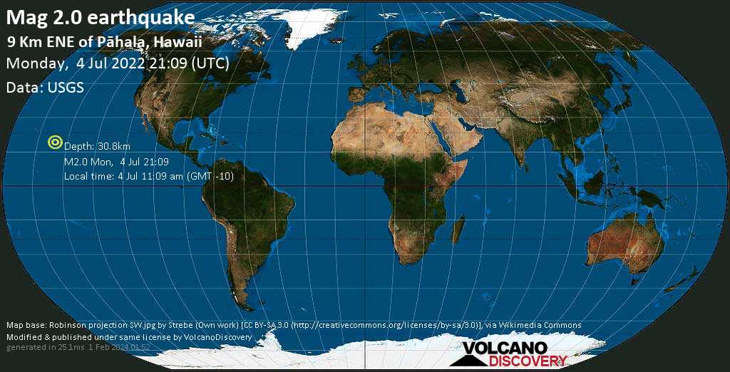 Séisme mineur mag. 2.0 - 9 Km ENE of Pāhala, Hawaii, lundi,  4 juil. 2022 11:09 (GMT -10)