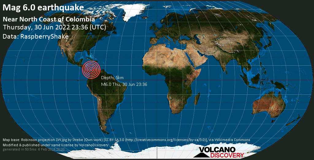 Πολύ δυνατός σεισμός μεγέθους 6.0 - Caribbean Sea, 40 km δυτικά από Cartagena de Indias, Κολομβία, Πέμ, 30 Ιου 2022 23:36 GMT