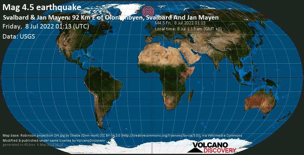 Moderate mag. 4.5 earthquake - Norwegian Sea, 92 km east of Olonkinbyen, Jan Mayen, on Friday, Jul 8, 2022 at 1:13 am (GMT +0)