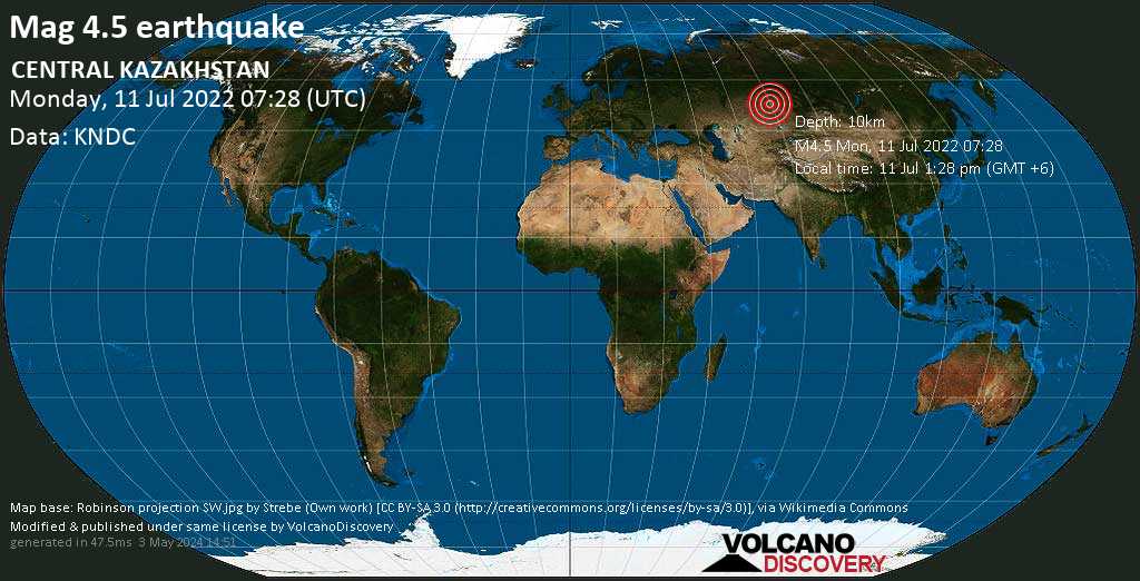 Séisme modéré mag. 4.5 - Pavlodar Region, 62 km à l\'est de Bestöbe, Aqmola Oblysy, Kazakhstan, lundi, 11 juil. 2022 13:28 (GMT +6)