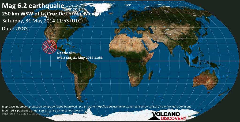 Strong mag. 6.2 earthquake - North Pacific Ocean, 304 km southwest of Puerto Vallarta, Jalisco, Mexico, on Saturday, May 31, 2014 04:53:48