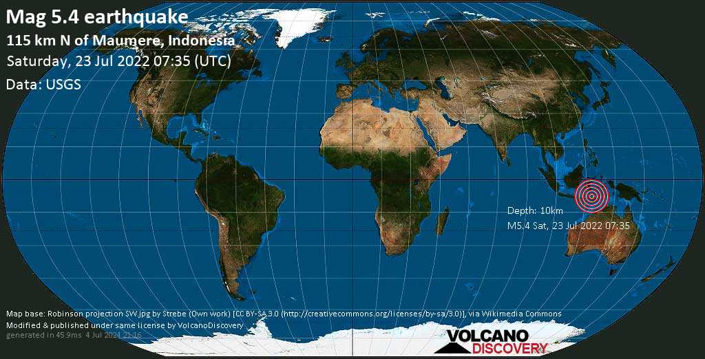 Strong mag. 5.4 earthquake - Banda Sea, 110 km north of Maumere, East Nusa Tenggara, Indonesia, on Saturday, Jul 23, 2022 at 3:35 pm (GMT +8)