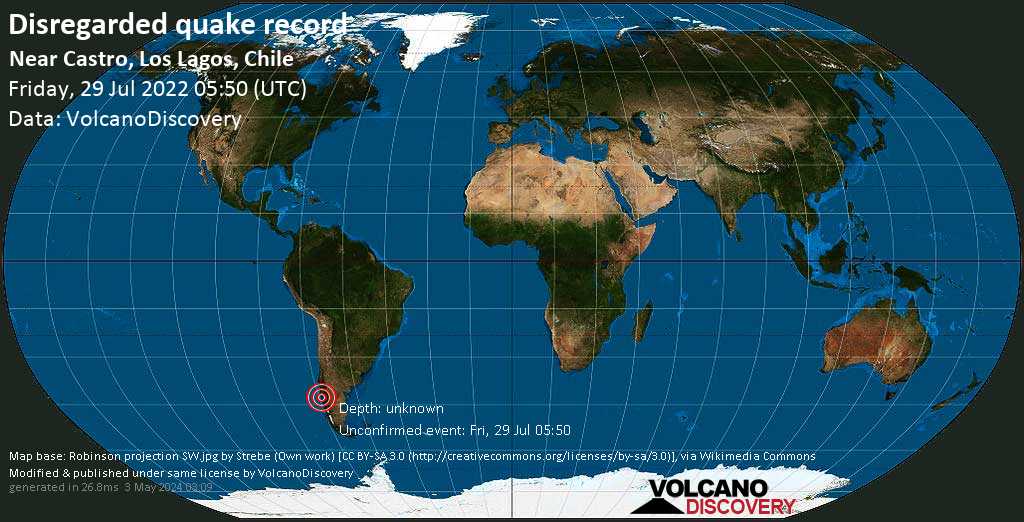 Unbekanntes (usrprünglich als Erdbeben) gemeldetes Ereignis: 1.2 km südlich von Castro, Chiloe, Los Lagos, Chile, am Freitag, 29. Jul 2022 um 01:50 Lokalzeit