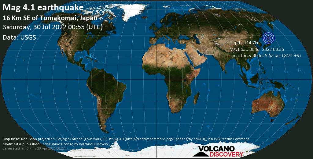 Sismo leggero mag. 4.1 - North Pacific Ocean, 16 km a sud-est da Tomakomai, Hokkaido, Giappone, sabato, 30 lug 2022 09:55 (GMT +9)