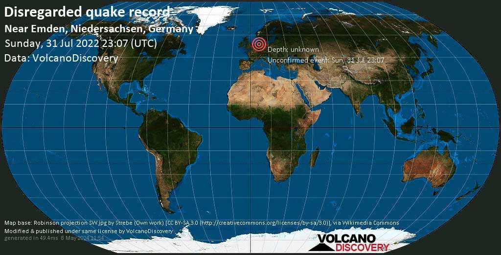 Evento desconocido (originalmente reportado como sismo): 5.2 km al sureste de Emden, Baja Sajonia, Alemania, lunes,  1 ago 2022 01:07 (GMT +2)