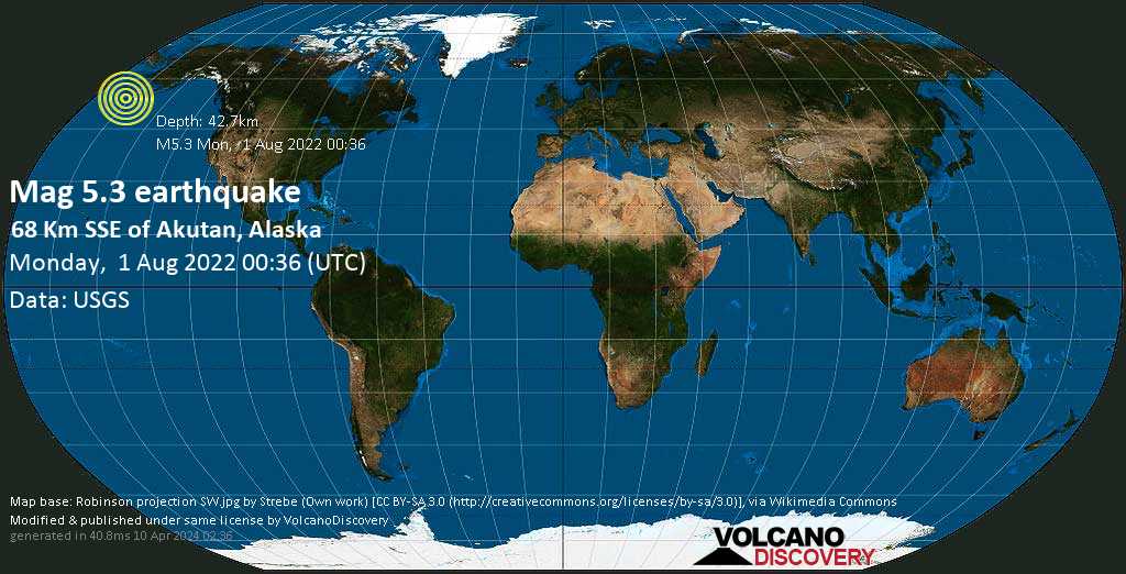 Moderate mag. 5.3 earthquake - North Pacific Ocean, 52 mi southeast of Unalaska, Aleutians West, Alaska, USA, on Sunday, Jul 31, 2022 at 4:36 pm (GMT -8)