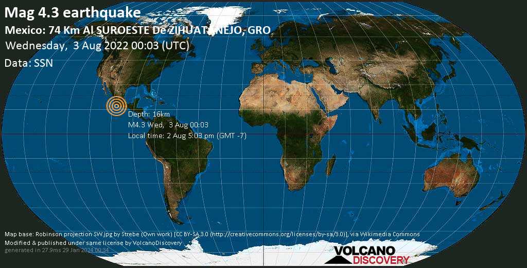 Séisme modéré mag. 4.3 - Océan Pacifique Nord, 74 km au sud de Zihuatanejo, Guerrero, Mexique, mardi,  2 août 2022 17:03 (GMT -7)