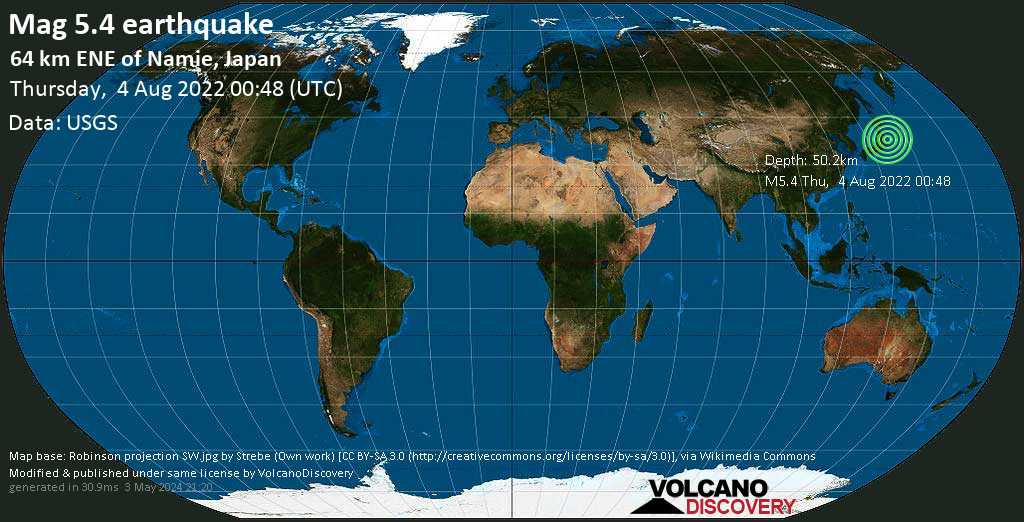 Séisme modéré mag. 5.4 - Océan Pacifique Nord, 94 km au sud de Ishinomaki, Préfecture de Miyagi, Japon, jeudi,  4 août 2022 09:48 (GMT +9)