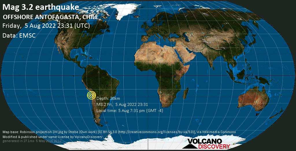 Weak mag. 3.2 earthquake - South Pacific Ocean, 87 km north of Tocopilla, Antofagasta, Chile, on Friday, Aug 5, 2022 at 7:31 pm (GMT -4)