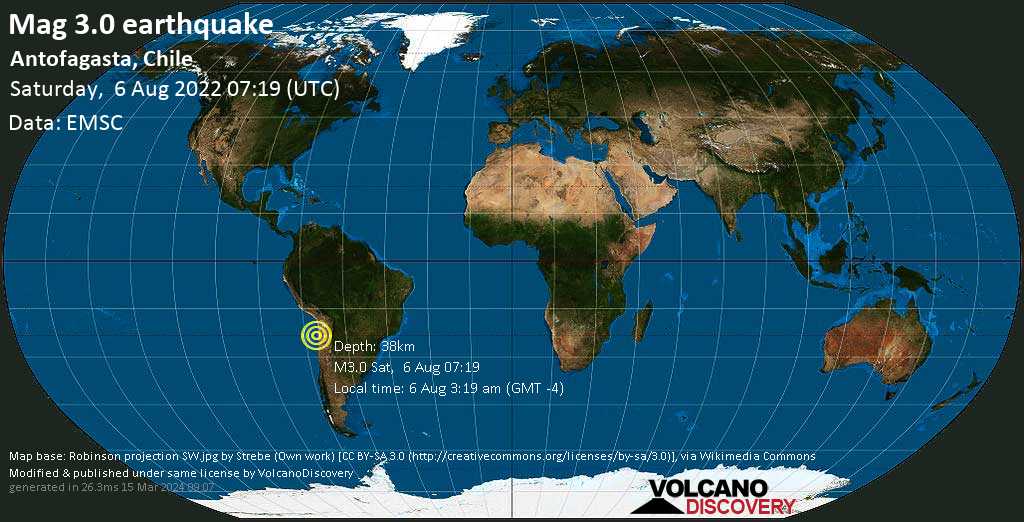 Weak mag. 3.0 earthquake - 72 km north of Antofagasta, Chile, on Saturday, Aug 6, 2022 at 3:19 am (GMT -4)