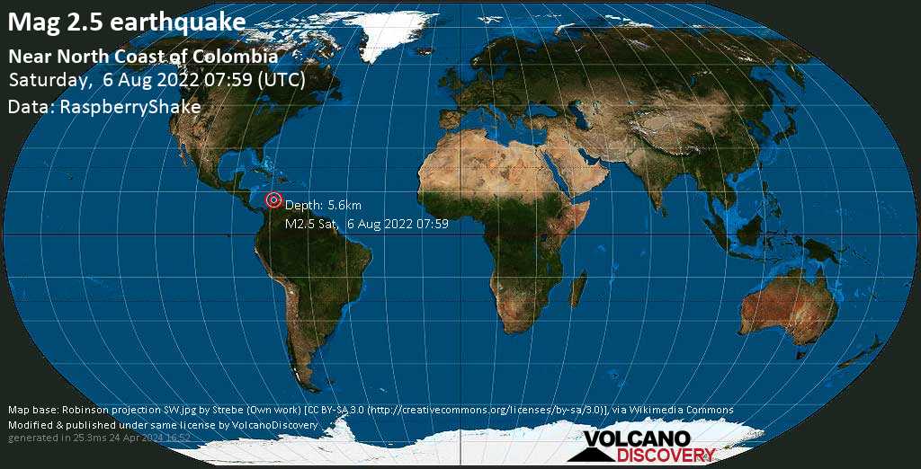 Weak mag. 2.5 earthquake - Caribbean Sea, 72 km northwest of Riohacha, La Guajira, Colombia, on Saturday, Aug 6, 2022 at 2:59 am (GMT -5)