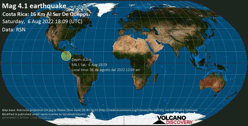 Leichtes Erdbeben der Stärke 4.1 - Nordpazifik, 72 km südlich von San Jose, San José, Costa Rica, am Samstag,  6. Aug 2022 um 12:09 Lokalzeit