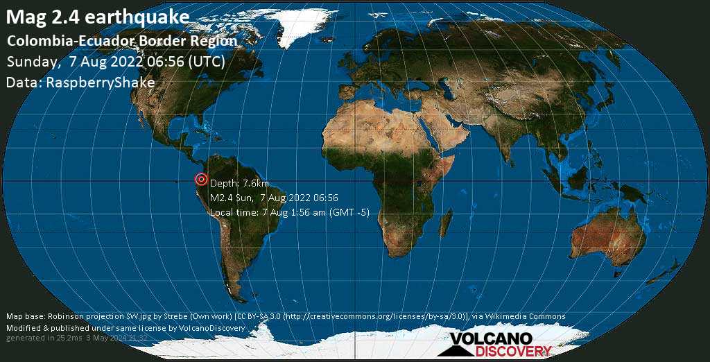 Schwaches Erdbeben Stärke 2.4 - 16 km südwestlich von Tulcán, Canton Tulcan, Provincia del Carchi, Ecuador, am Sonntag,  7. Aug 2022 um 01:56 Lokalzeit