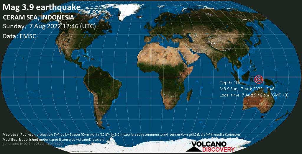 Moderates Erdbeben der Stärke 3.9 - Ceram Sea, 92 km nordwestlich von Amahai, Maluku, Indonesien, am Sonntag,  7. Aug 2022 um 21:46 Lokalzeit