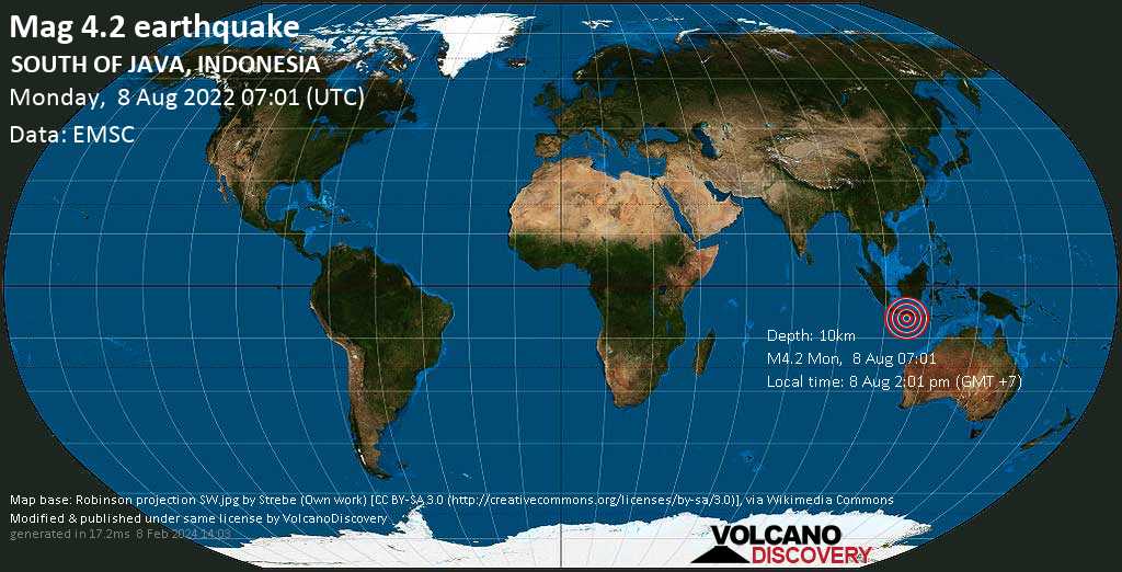 Moderate mag. 4.2 earthquake - Indian Ocean, 175 km southeast of Yogyakarta, Indonesia, on Monday, Aug 8, 2022 at 2:01 pm (GMT +7)