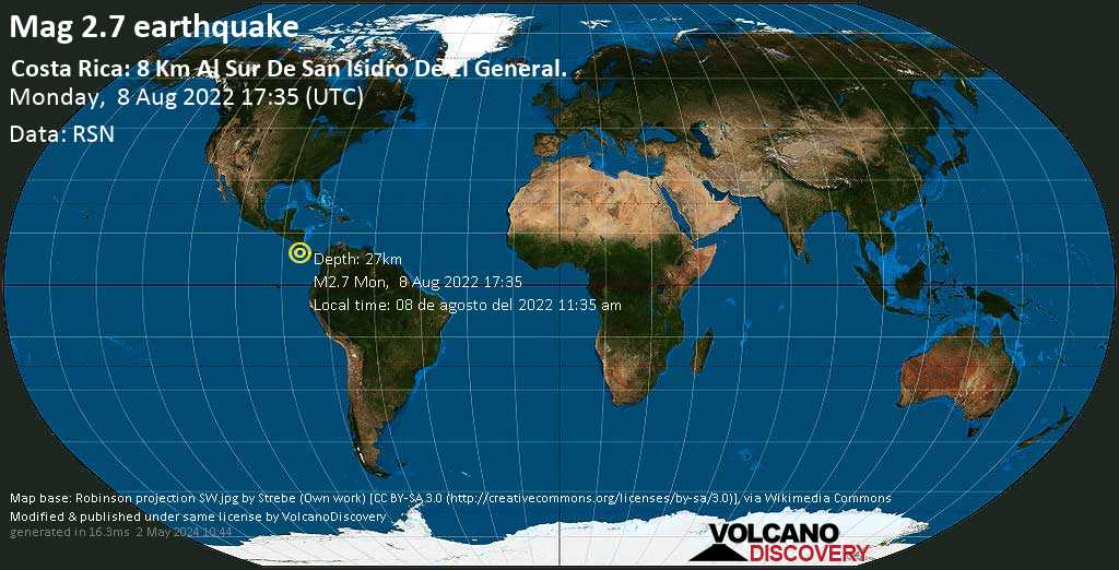 Sismo débil mag. 2.7 - 7.4 km SSW of San Isidro, Pérez Zeledon, Provincia de San José, Costa Rica, lunes,  8 ago 2022 11:35 (GMT -6)